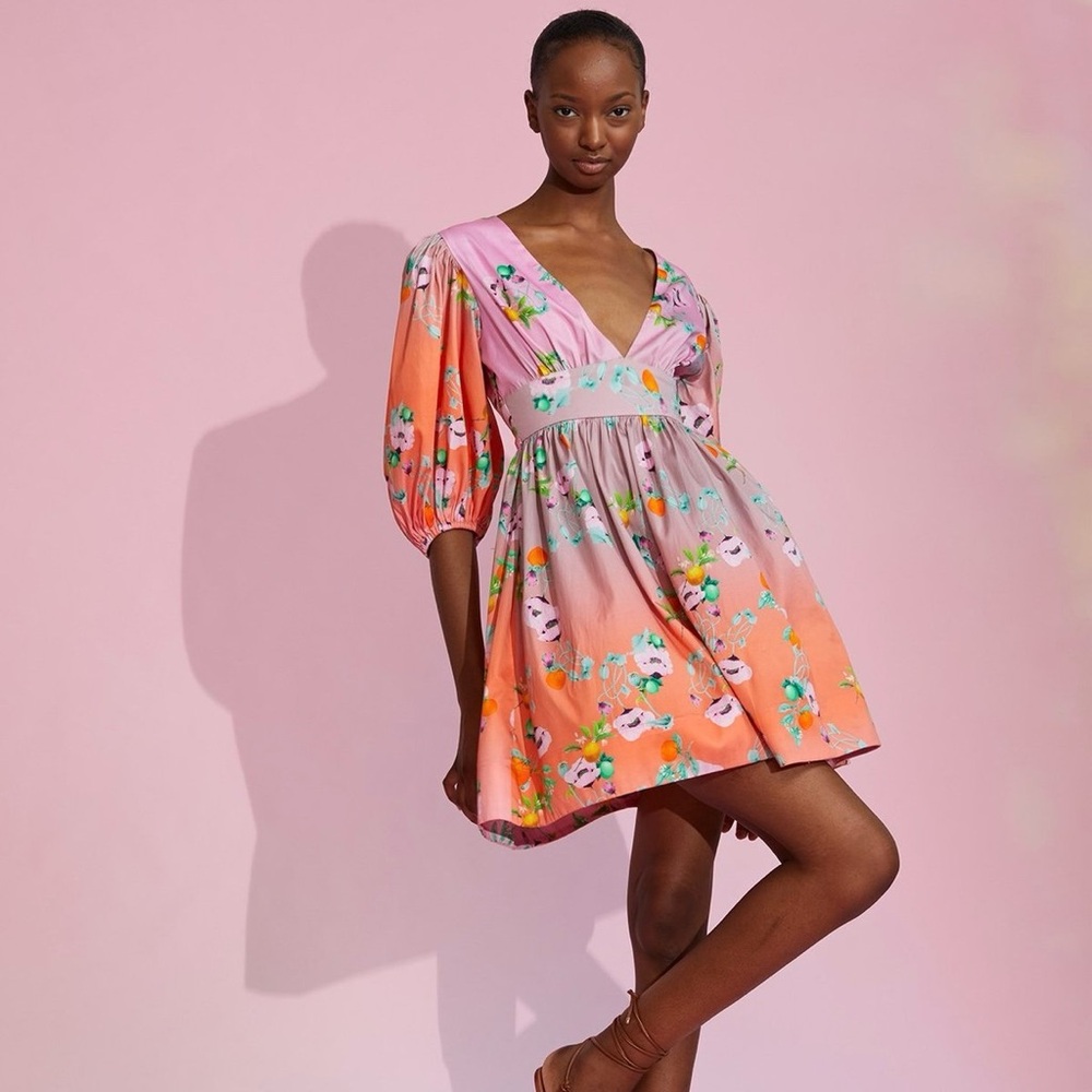 Cynthia Rowley Pink/Orange Multicolor Ombré Floral V-Neck Minidress, Size 4, NWT